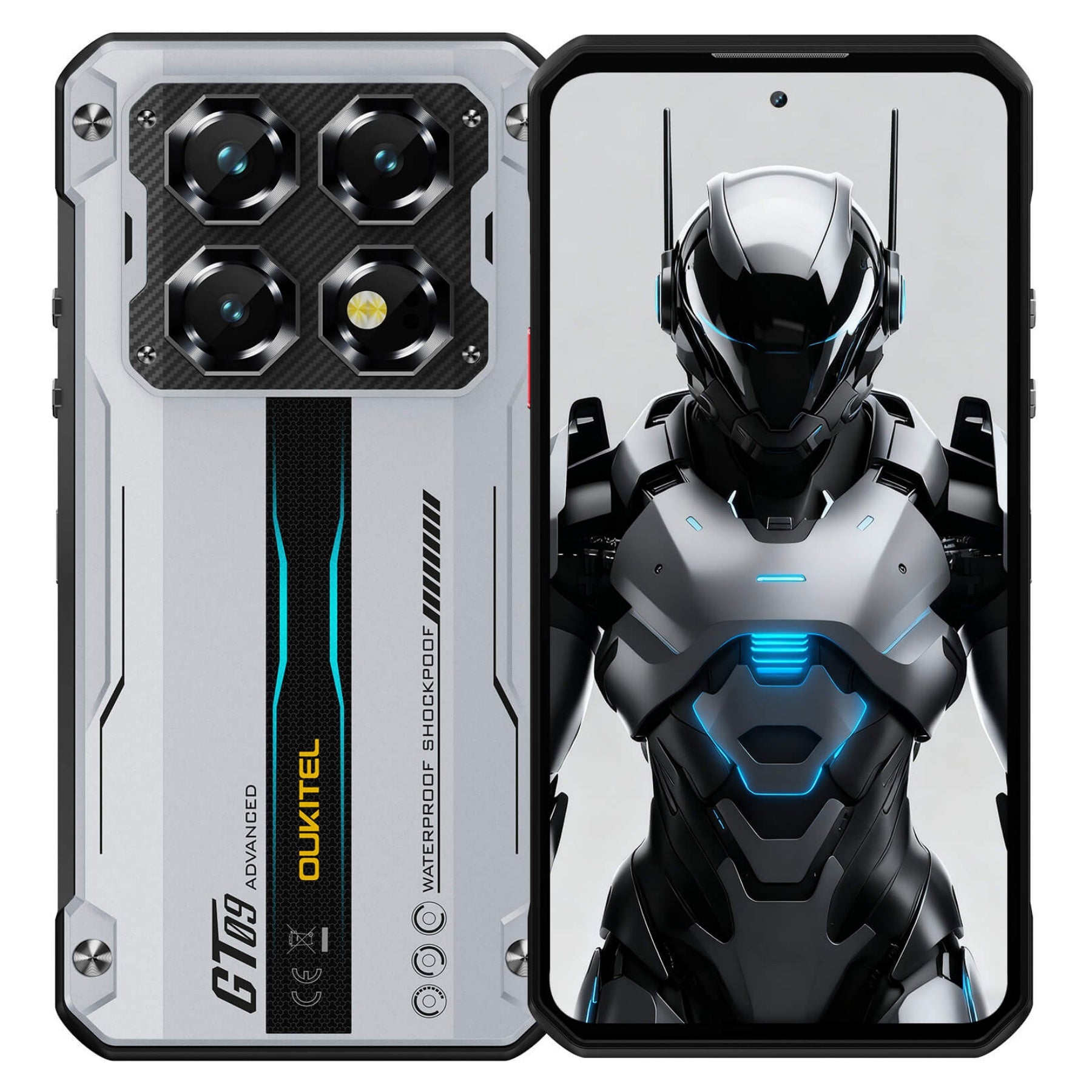 Oukitel WP60 silver rugged smartphone with 7.2-inch HD+ display, 108MP rear camera, and 10000mAh long-lasting battery.