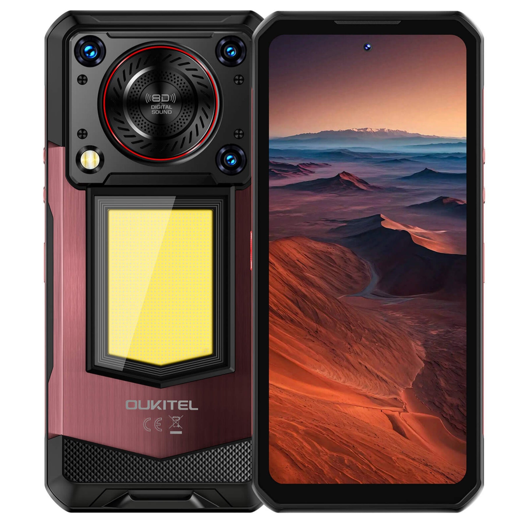 Oukitel WP56 5G rugged smartphone featuring 6.8-inch FHD+ screen, 16000mAh battery, 108MP camera, Android 15, 12GB RAM, 512GB storage, and NFC in red color