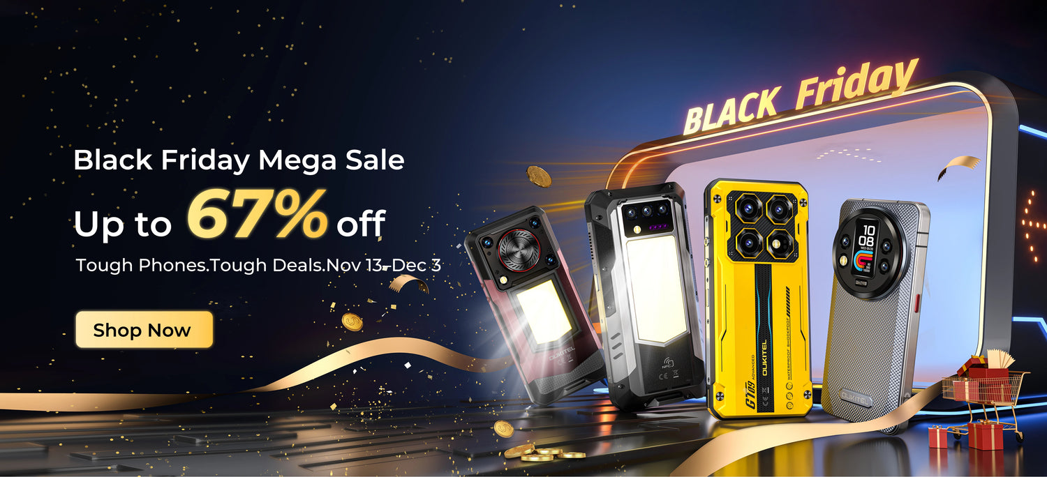 OUKITEL Black Friday Sale desktop banner showing up to 67% off on smartphones, tablets, and rugged devices.