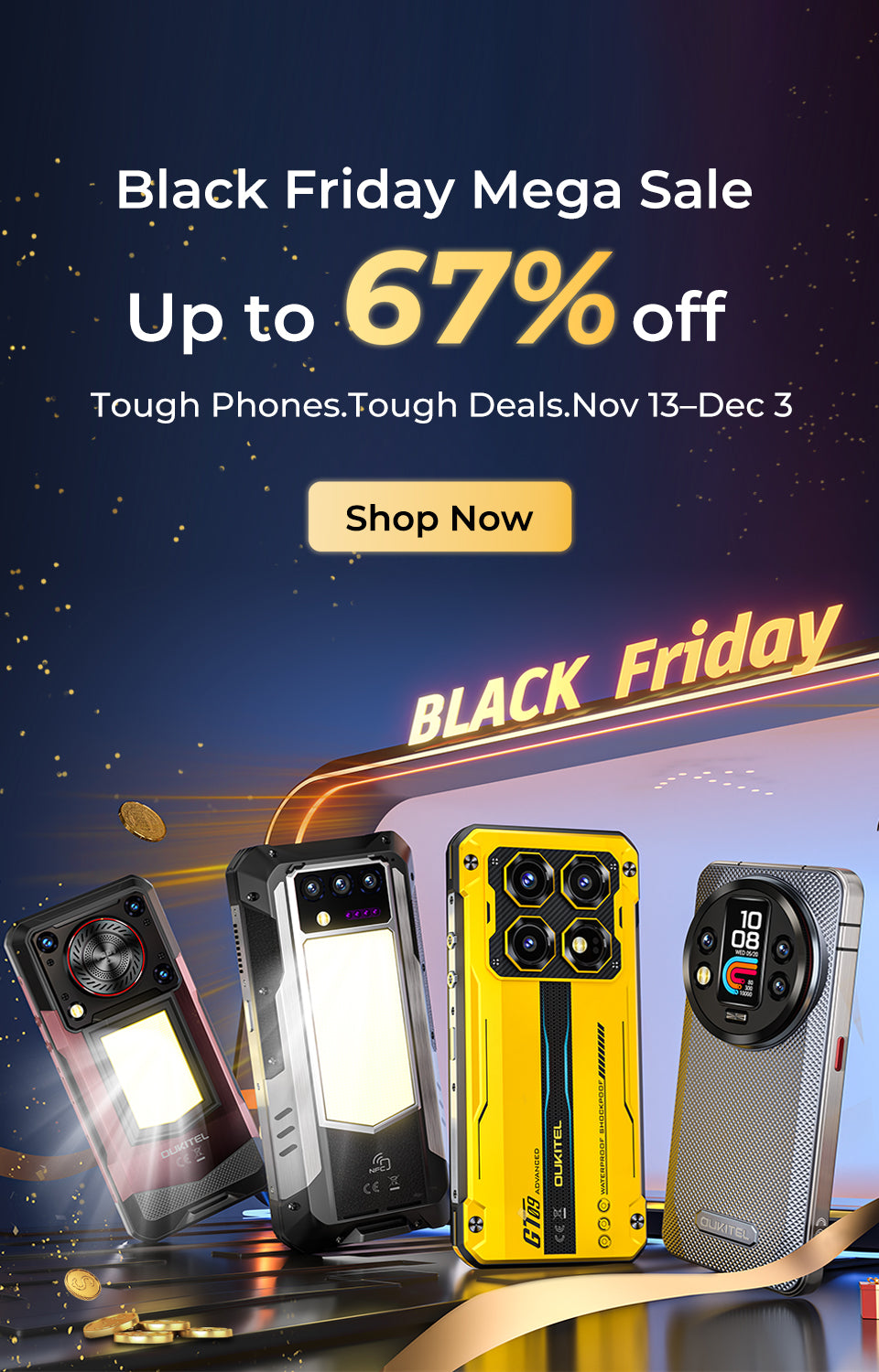 OUKITEL Black Friday mobile banner featuring up to 67% off deals on phones, tablets, and smart devices.