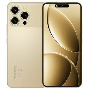 Oukitel P1 Pro gold smartphone featuring 6.7-inch display, 5150mAh battery, ultra-thin 8.2mm body, 8GB RAM and 512GB storage.