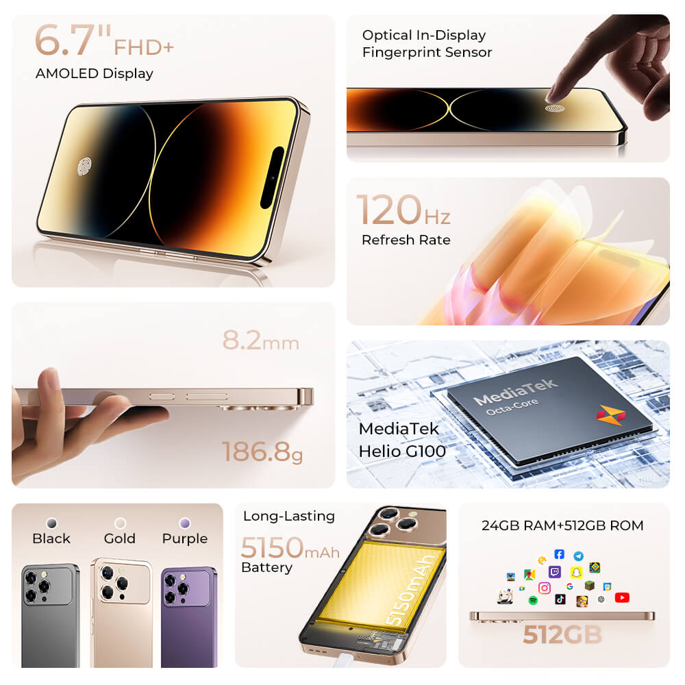 Oukitel P1 Pro smartphone key features including 6.7-inch FHD+ AMOLED display, 120Hz refresh rate, in-display fingerprint sensor, slim 8.2mm body, 186.8g lightweight design, MediaTek Helio G100 processor, 24GB RAM, 512GB storage, and 5150mAh battery.