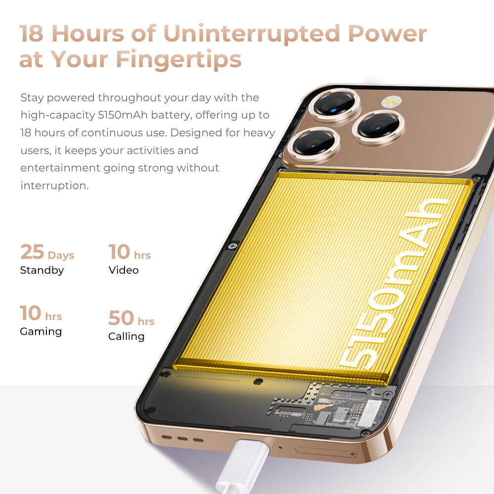 Oukitel smartphone with 5150mAh battery offering 18 hours use, 25 days standby, 10 hours gaming and video, 50 hours calling