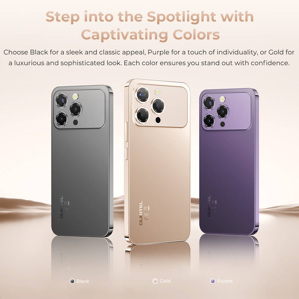 Oukitel smartphone in black, gold, and purple colors with triple camera design