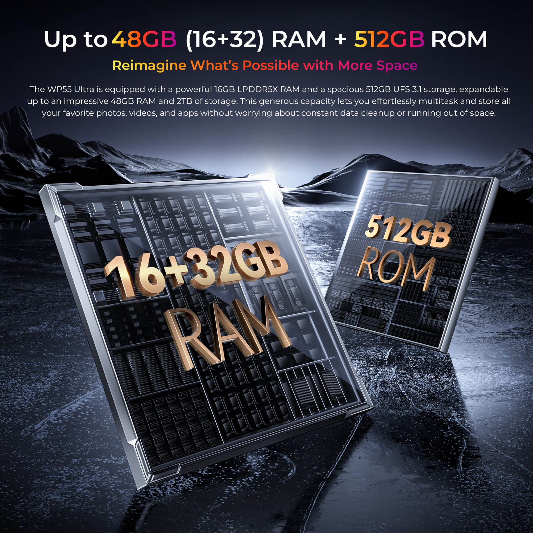 Oukitel WP55 Ultra rugged smartphone with up to 48GB RAM (16GB+32GB expansion) and 512GB ROM, supporting 2TB expandable storage for powerful multitasking and massive file storage.
