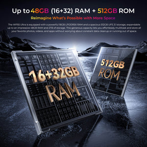 Oukitel WP55 Ultra rugged smartphone with up to 48GB RAM (16GB+32GB expansion) and 512GB ROM, supporting 2TB expandable storage for powerful multitasking and massive file storage.