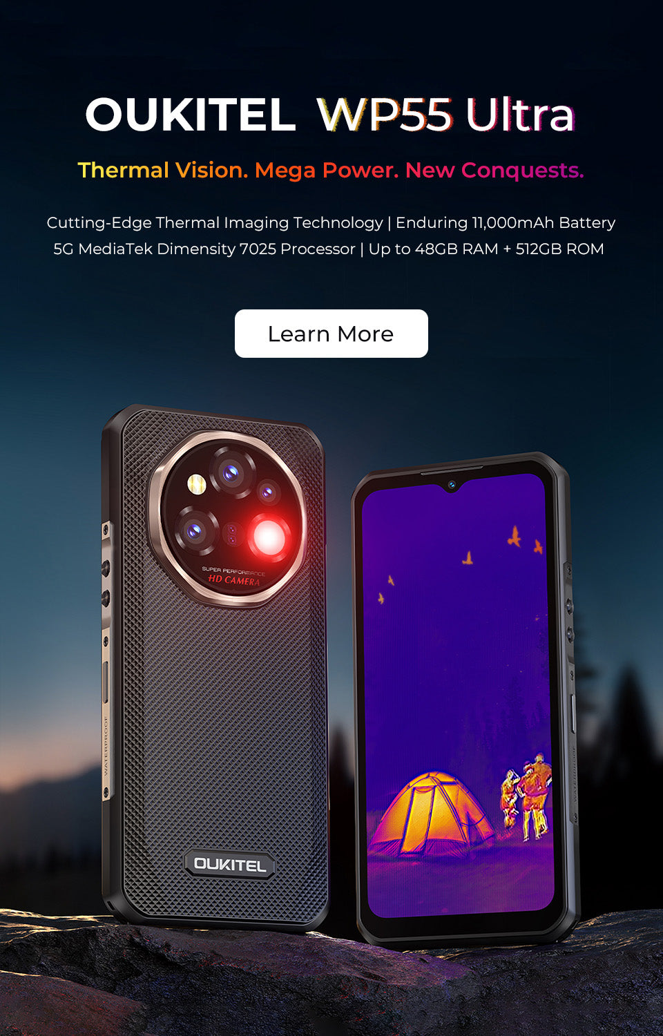 Oukitel WP55 Ultra 5G rugged smartphone with 6.6-inch HD+ display, 11000mAh big battery, 108MP camera, Android 15, 16GB RAM and 512GB storage