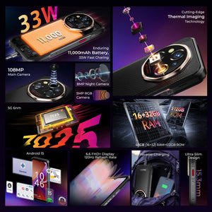 Oukitel WP55 Ultra rugged smartphone with 11000mAh battery, 33W fast charging, 108MP camera, thermal imaging, 5G processor, 48GB RAM, 512GB storage, 6.6-inch FHD+ 120Hz display, Android 15, and ultra-slim design.