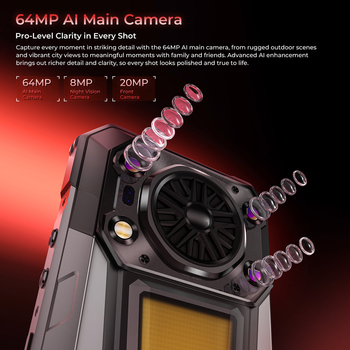 OUKITEL WP63 5G rugged phone equipped with a 64MP AI main camera, 8MP night vision, and 20MP front camera.