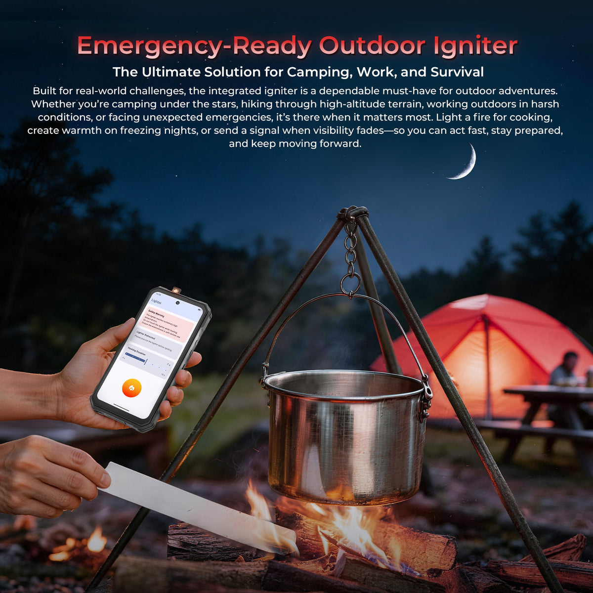 OUKITEL WP63 rugged smartphone with a built-in outdoor igniter for camping, work, and emergency survival.