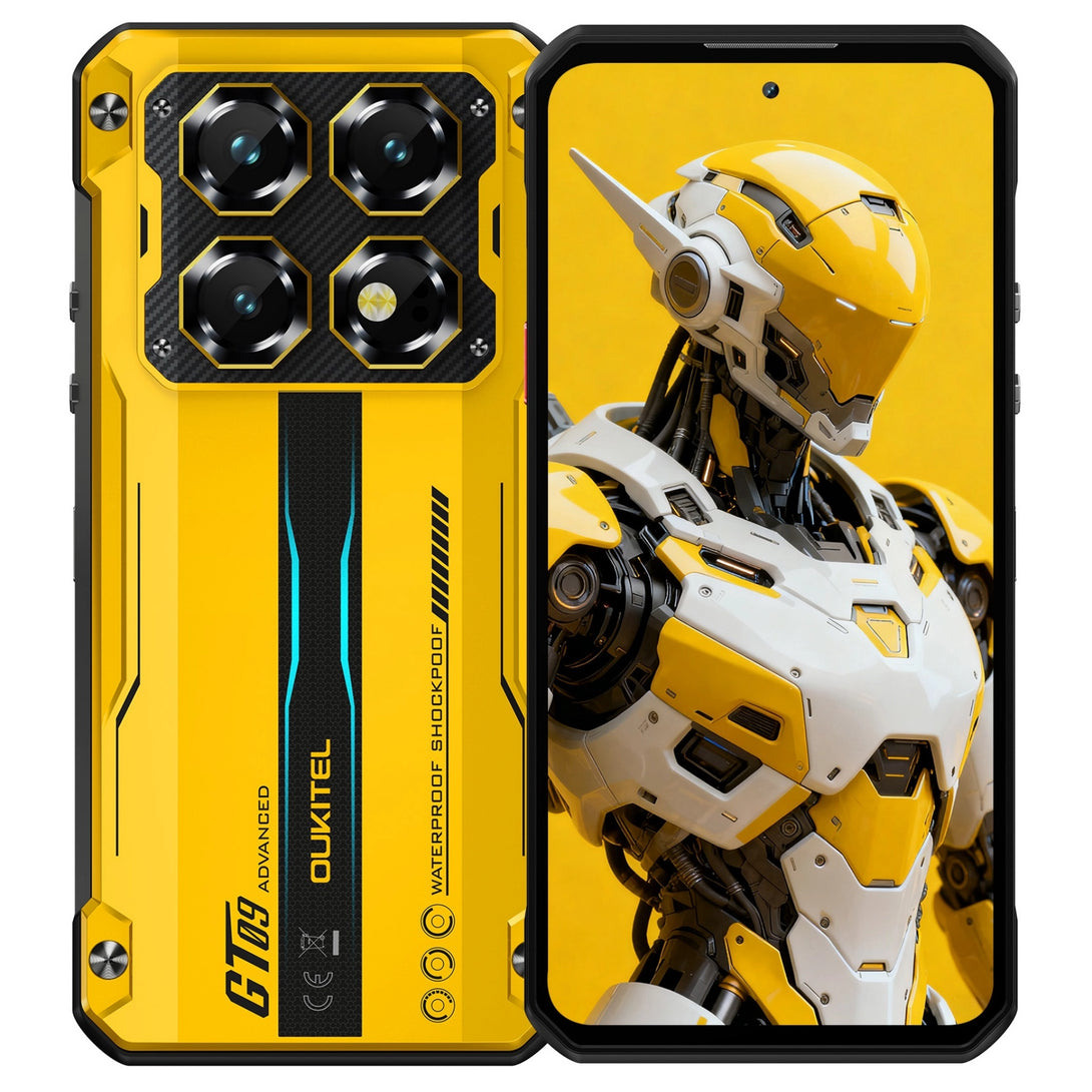 Yellow rugged smartphone with mechanical design on screen, showing front, back, and side views.
